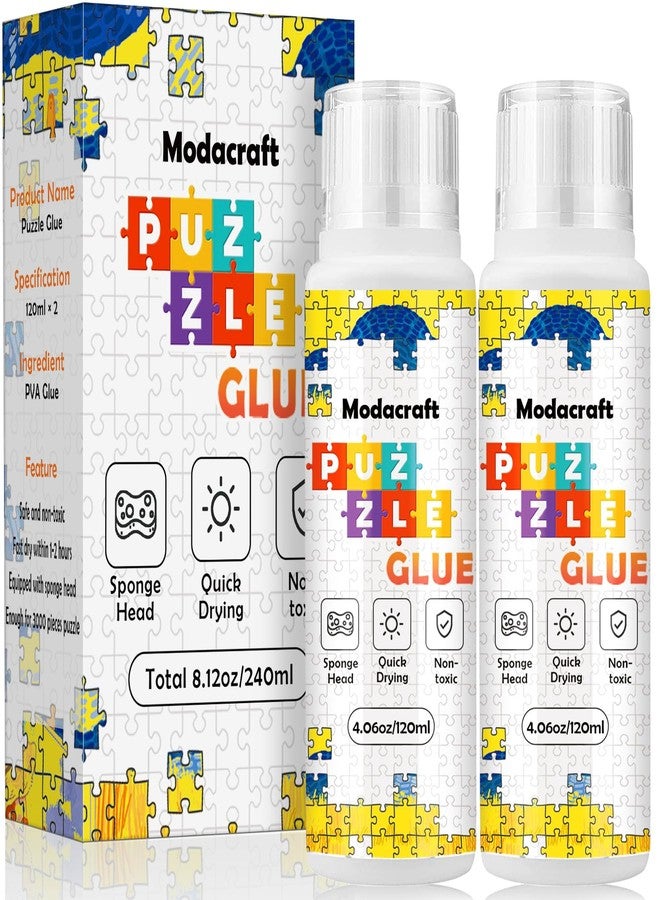 Modacraft 2 Pack 120ml Jigsaw Puzzle Glue with New Sponge Head, Suitable for 1000/3000/5000 Pieces of Paper and Wood Puzzle, Clear Water-Soluble Quick Dry Jigsaw Puzzle Glue, 240ml in Total - Image 1